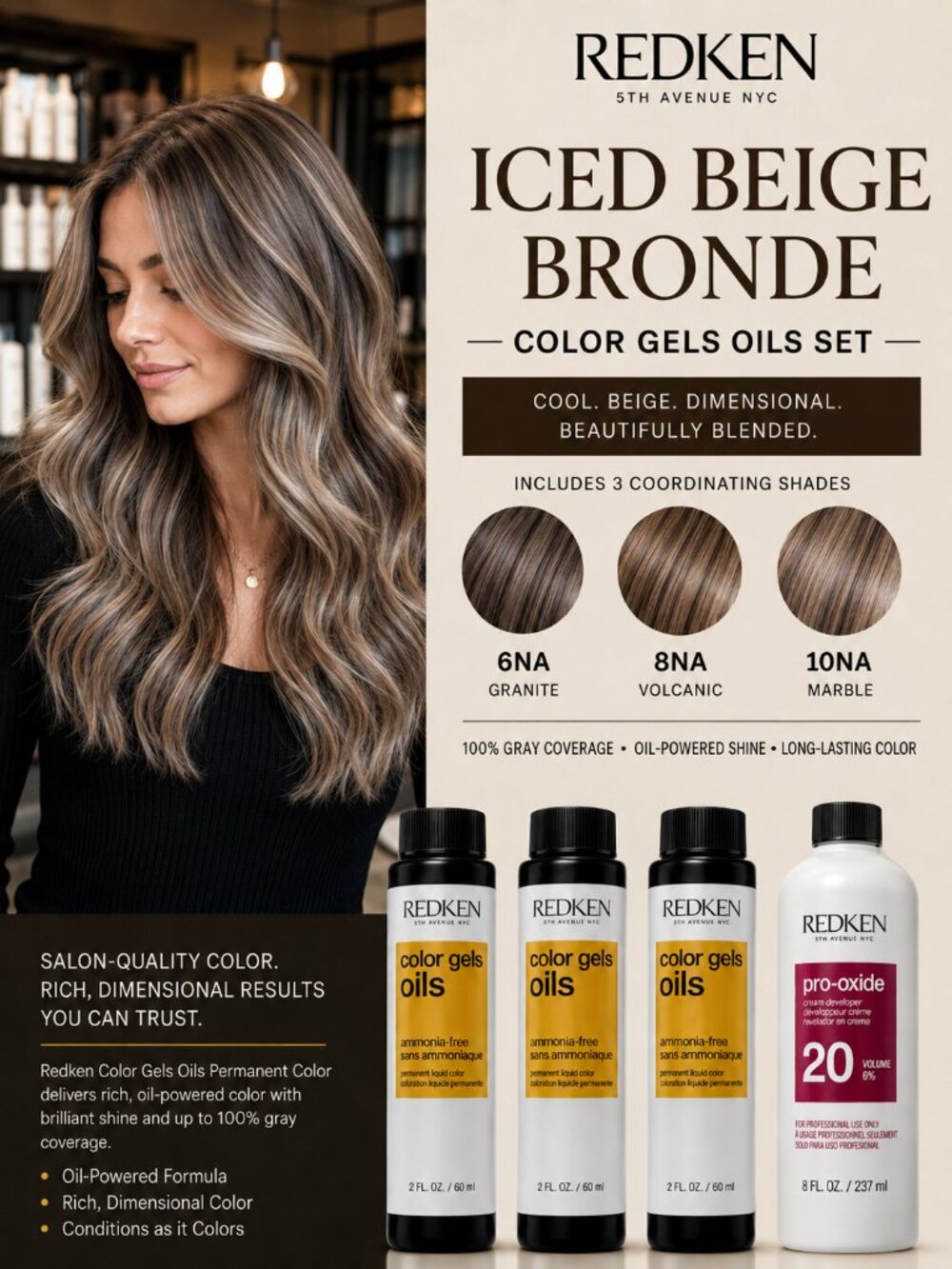 Redken Color Gels Oils Iced Beige Bronde Hair Color Kit + 20 Vol Developer